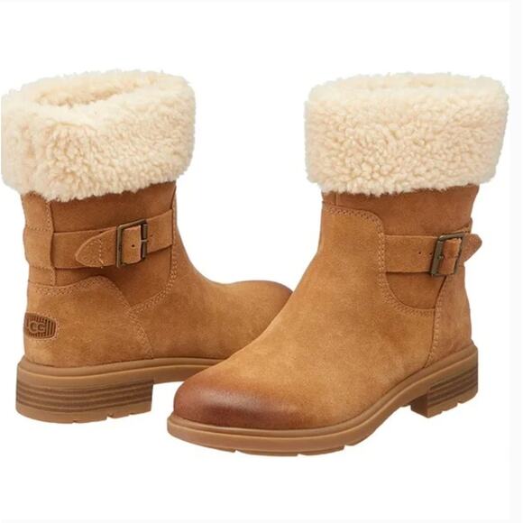 Ugg Harrison Suede Cuff Boots 6 Chestnut Tan NWOT Shearling Waterproof Moto - Picture 1 of 8